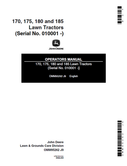John Deere 170 175 180 185 Lawn Tractor Operator Manual OMM95262