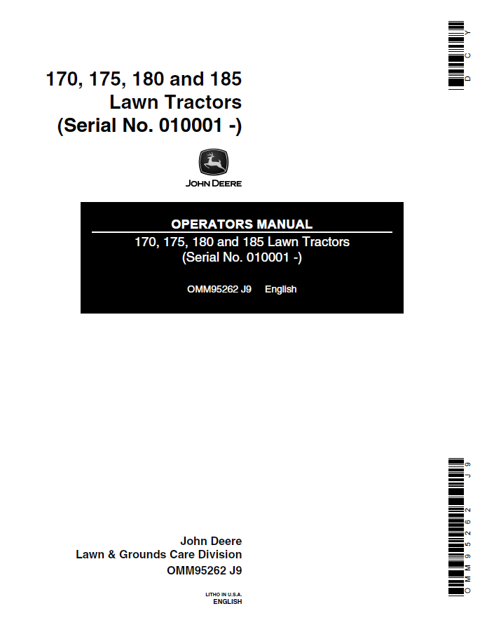 John Deere 170, 175, 180 and 185 Lawn Tractors Operator Manual OMM95262 PDF