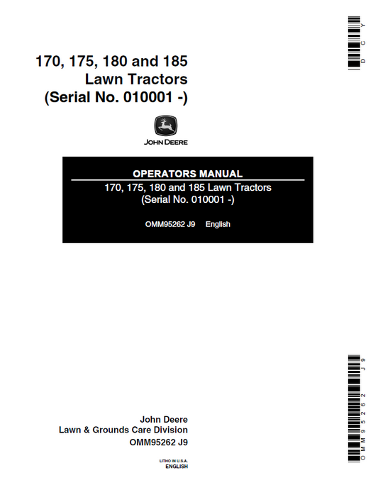 John Deere 170, 175, 180 and 185 Lawn Tractors Operator Manual OMM95262 PDF