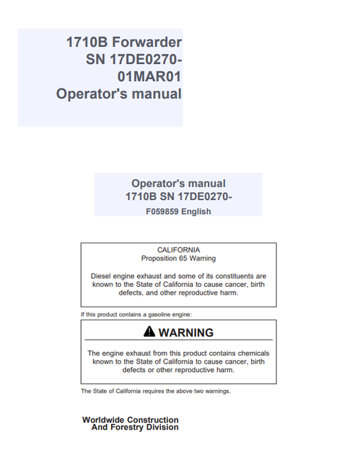 John Deere 1710B Forestry Forwarder Operator Manual F059859