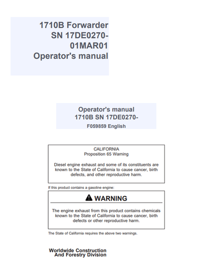 John Deere 1710B Forestry Forwarder Operator Manual F059859