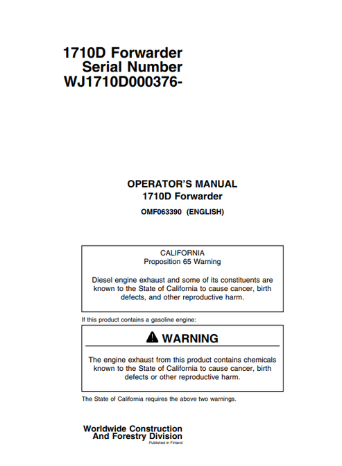John Deere 1710D Forwarder Operator Manual OMF063390 PDF