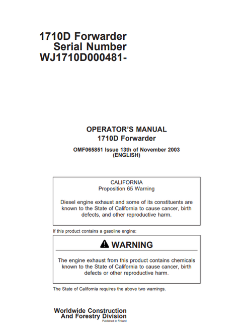 John Deere 1710D Forwarder Operator Manual OMF065851 PDF