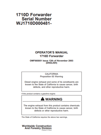 John Deere 1710D Forwarder Operator Manual OMF065851 PDF