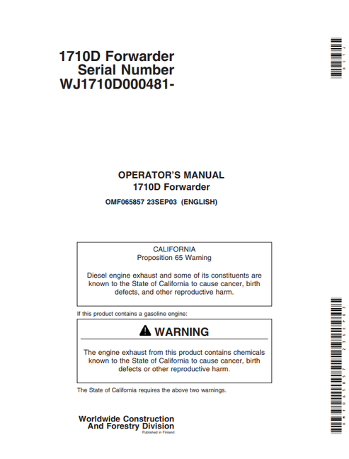 John Deere 1710D Forwarder Operator Manual OMF065857