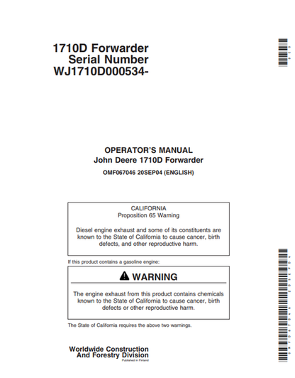 John Deere 1710D Forwarder Operator Manual OMF067046