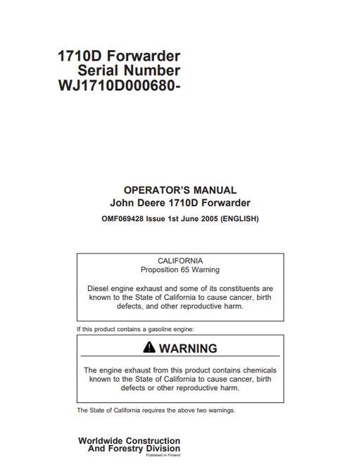 John Deere 1710D Forwarder Operator Manual OMF069428