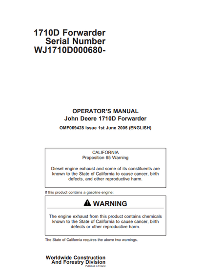John Deere 1710D Forwarder Operator Manual OMF069428
