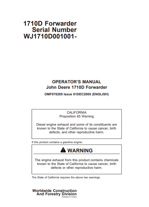 John Deere 1710D Forwarder Operator Manual OMF070285