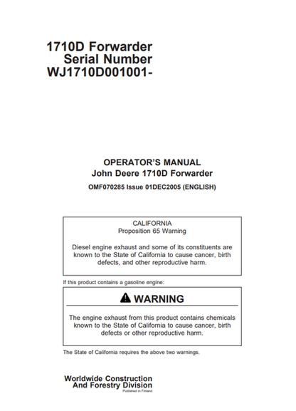 John Deere 1710D Forwarder Operator Manual OMF070285