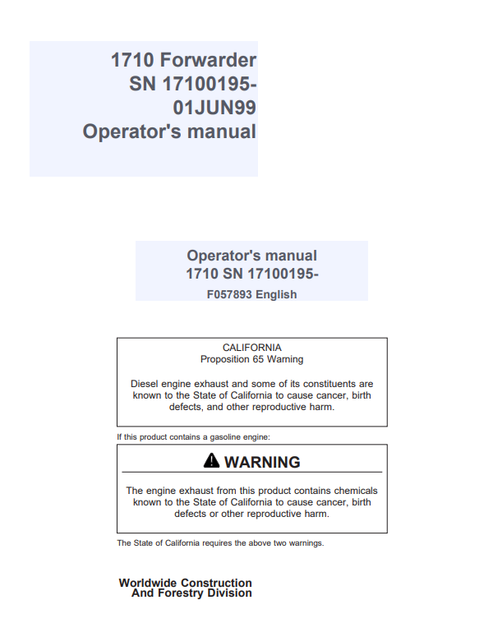John Deere 1710 Forwarder Operator Manual F057893 PDF