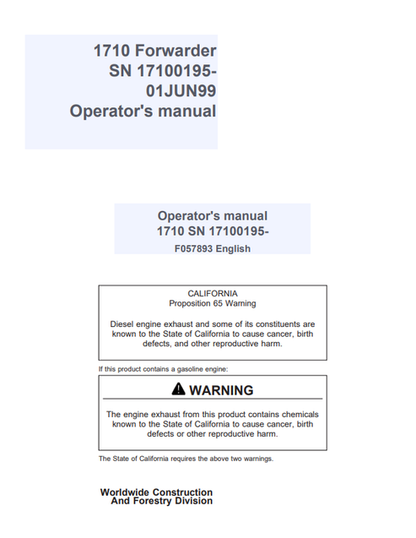 John Deere 1710 Forwarder Operator Manual F057893 PDF