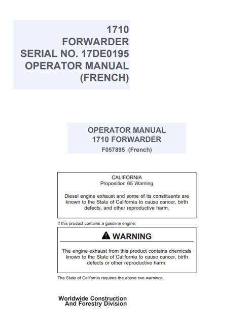 John Deere 1710 Forwarder Operator Manual F057895 PDF