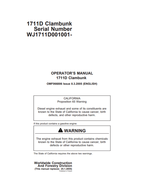 John Deere 1711D Clambunk Operator Manual F066886 PDF
