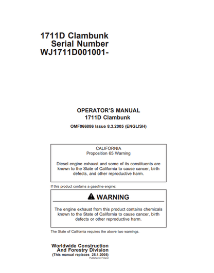 John Deere 1711D Clambunk Operator Manual F066886 PDF