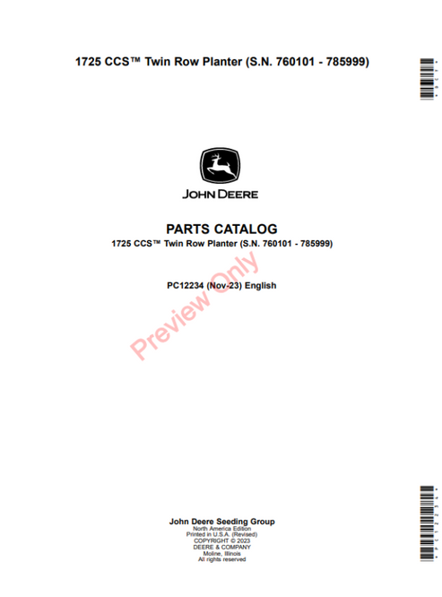 John Deere 1725 CCS Twin Row Planter Parts Catalogue PC12234
