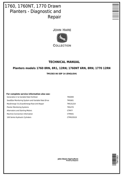 John Deere 1760, 1760NT & 1770 Drawn Planter Repair Manual TM1583