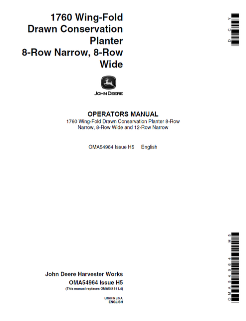 John Deere 1760 Wing-Fold Drawn Conservation Planter Operator Manual OMA54964