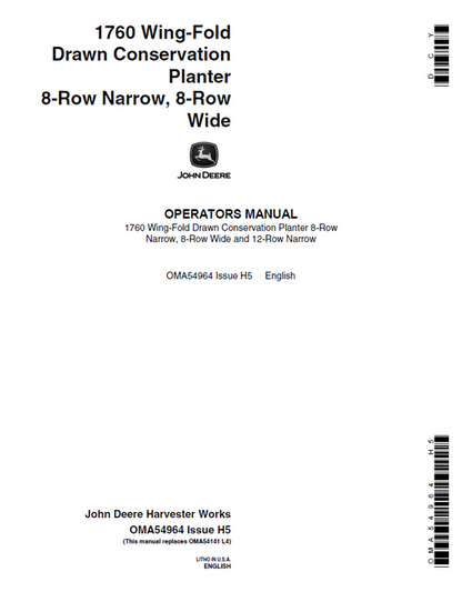 John Deere 1760 Wing-Fold Drawn Conservation Planter Operator Manual OMA54964