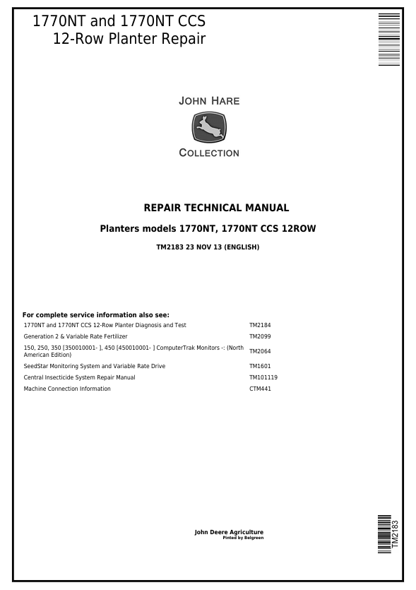 John Deere 1770NT & 1770NT CCS 12-Row Planter Repair Manual TM2183