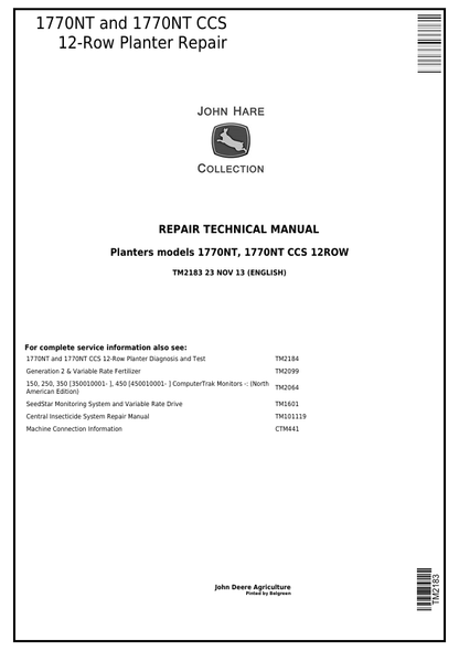 John Deere 1770NT & 1770NT CCS 12-Row Planter Repair Manual TM2183