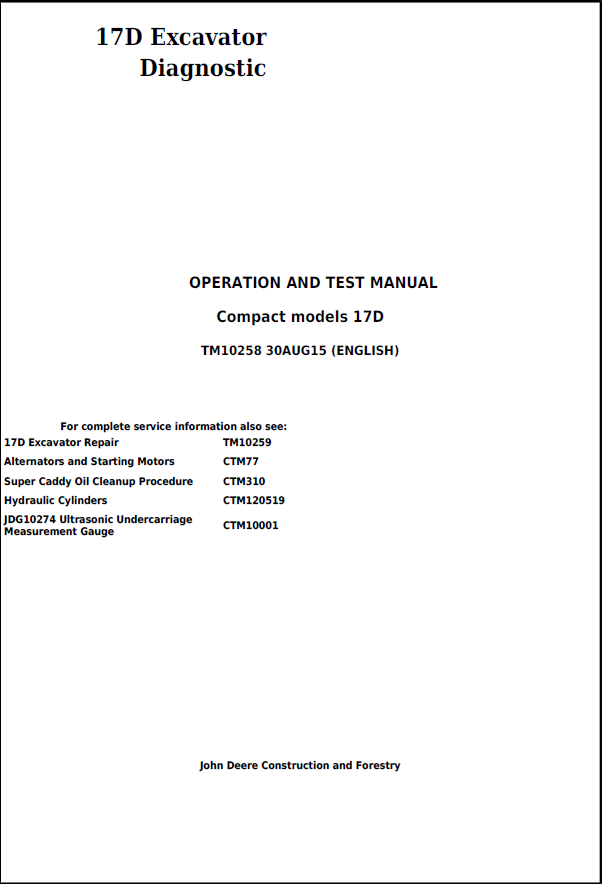 John Deere 17D Excavator Operation and Test Manual TM10258 PDF