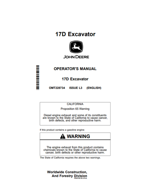 John Deere 17D Excavator Operator Manual OMT228734
