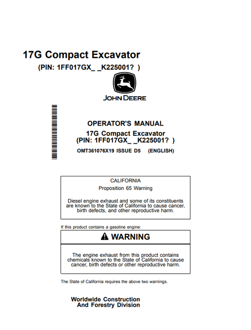 John Deere 17G Compact Excavator Operator Manual OMT361076X19