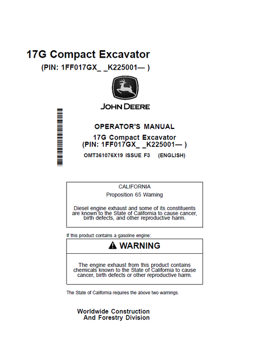 John Deere 17G Compact Excavator Operator Manual OMT361076X19 PDF