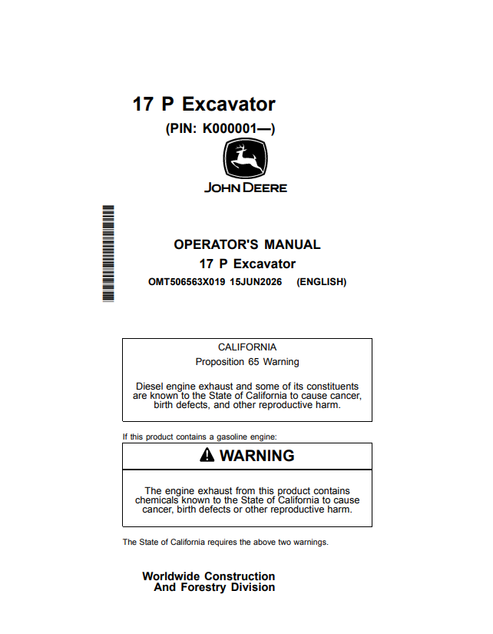 John Deere 17 P Excavator Operator Manual OMT506563X019 PDF
