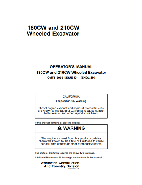 John Deere 180CW & 210CW Wheeled Excavator Operator Manual OMT213055