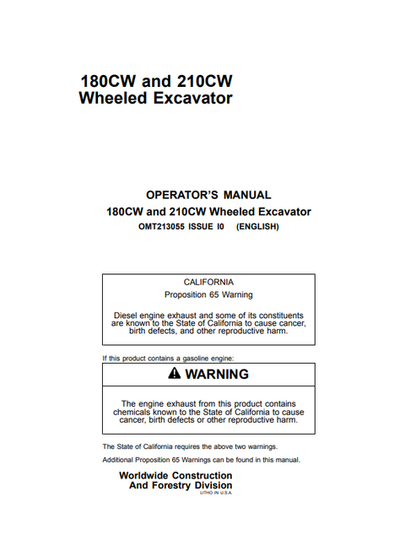 John Deere 180CW & 210CW Wheeled Excavator Operator Manual OMT213055