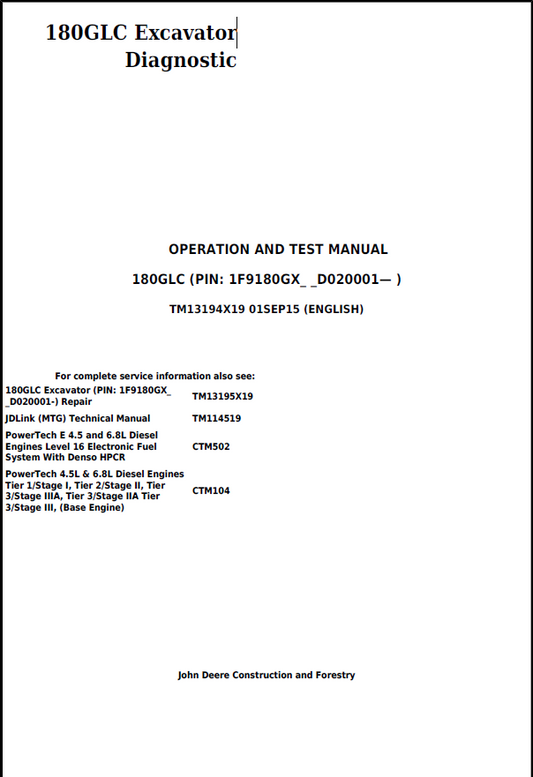 John Deere 180GLC Excavator Operation and Test Manual TM13194X19 PDF