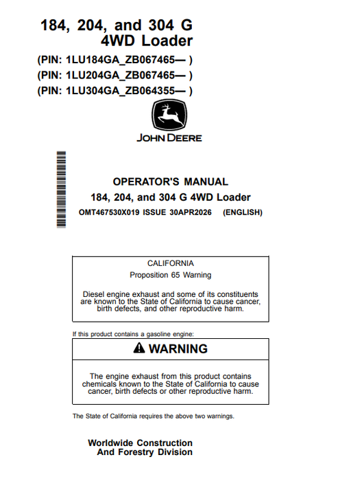 John Deere 184 204 304 G 4WD Loader Operator Manual PDF