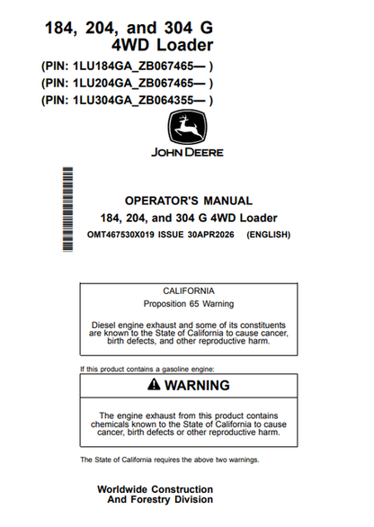 John Deere 184 204 304 G 4WD Loader Operator Manual PDF