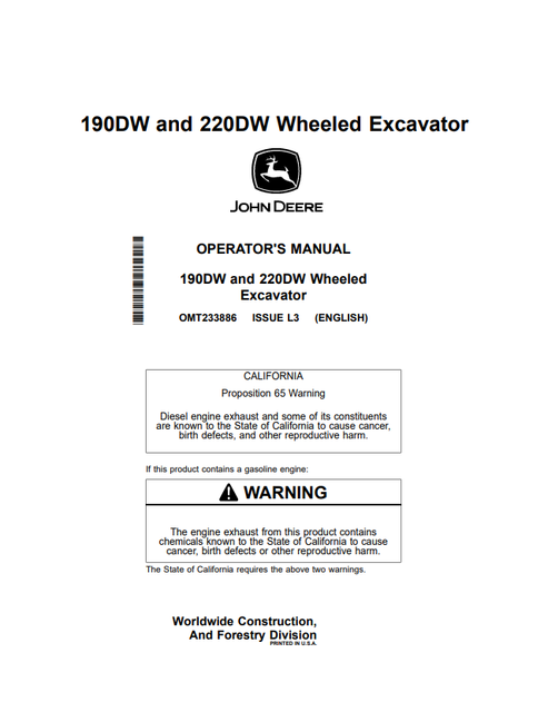 John Deere 190DW & 220DW Wheeled Excavator Operator Manual PDF OMT233886
