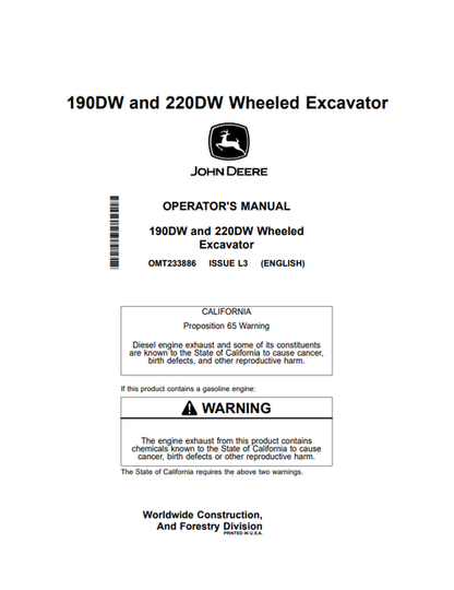 John Deere 190DW & 220DW Wheeled Excavator Operator Manual PDF OMT233886