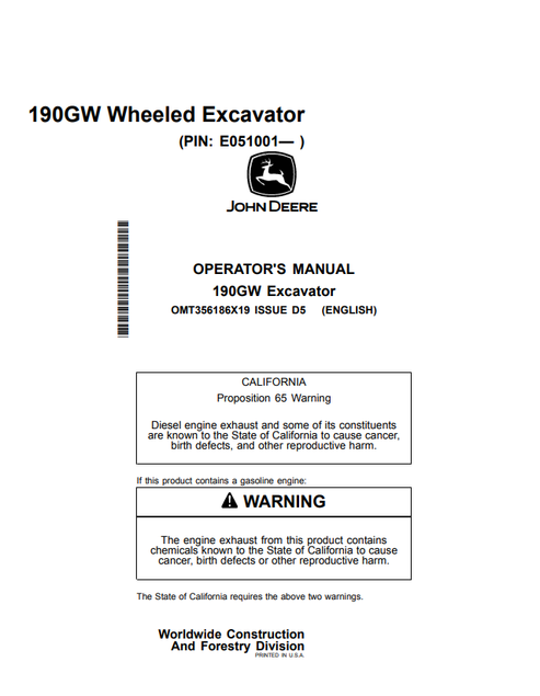 John Deere 190GW Excavator Operator Manual OMT356186X19