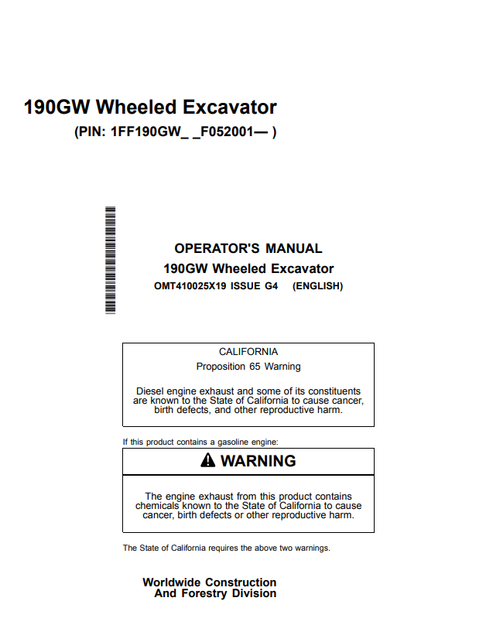 John Deere 190GW Wheeled Excavator Operator Manual OMT410025X19