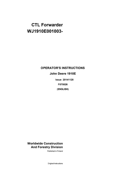 John Deere 1910E Operator Instruction Manual F075026 PDF