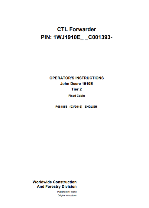 John Deere 1910E Tier 2 Fixed Cabin Operator Manual F684858