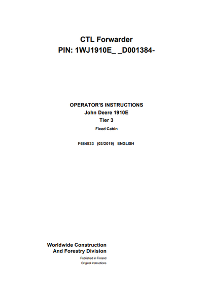 John Deere 1910E Tier 3 Fixed Cabin Operator Manual F684833
