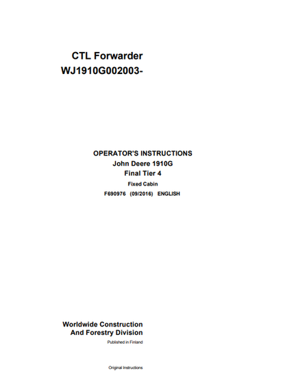 John Deere 1910G Final Tier 4 Fixed Cabin Operator Manual F690976