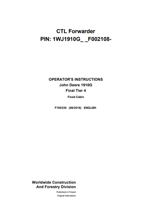 John Deere 1910G Final Tier 4 Fixed Cabin Operator Manual F700338