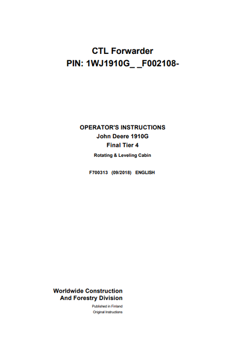 John Deere 1910G Final Tier 4 Rotating Leveling Cabin Manual F700313
