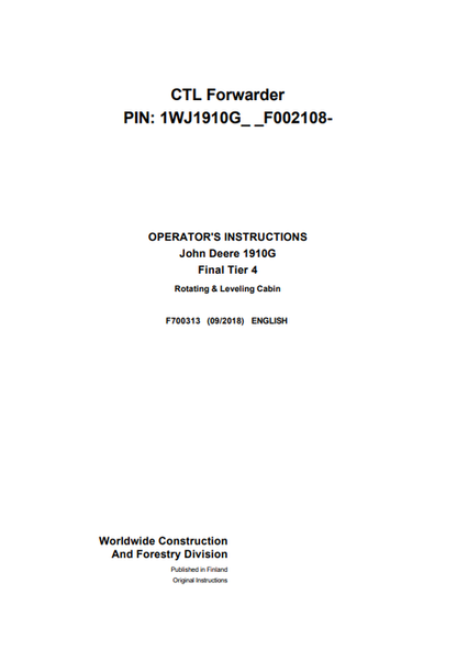 John Deere 1910G Final Tier 4 Rotating Leveling Cabin Manual F700313