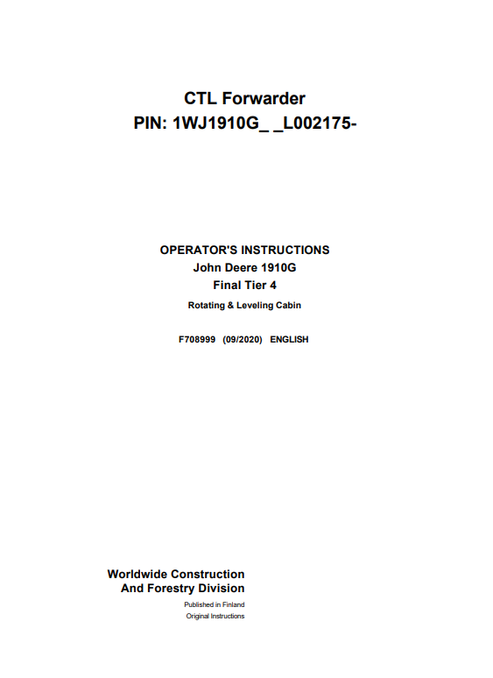 John Deere 1910G Tier 4 Rotating & Leveling Cabin Manual F708999