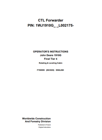 John Deere 1910G Tier 4 Rotating & Leveling Cabin Manual F708999