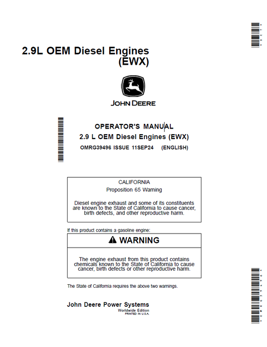 John Deere 2.9 L OEM Diesel Engines (EWX)X) Operator Manual OMRG39496 PDF