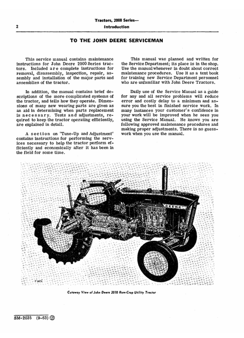 John Deere 2000 Series Tractor Repair & Service Manual SM2035